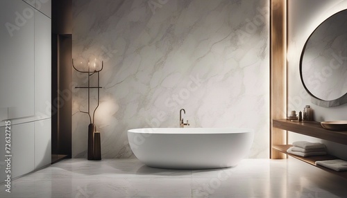 minimalist bathroom design in white marble  warm spot lights  