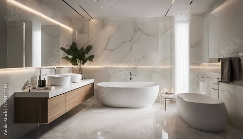 minimalist bathroom design in white marble, warm spot lights