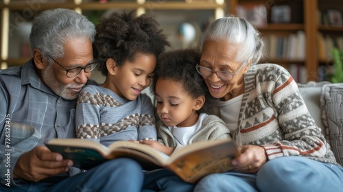 Engaged elderly couple reading a book with their grandchildren, showcasing family bonding and the joy of shared activities