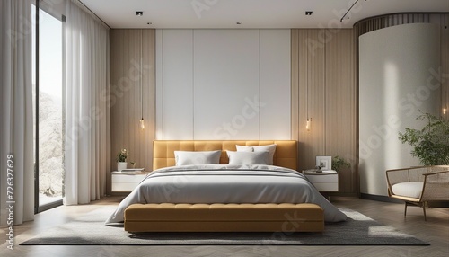 minimalist bedroom design with white sheets and bright colors  hotel concept  