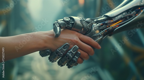 Human hand and robotic arm engaging in a handshake against a futuristic backdrop, epitomizing the harmony between humans and AI technology © R Studio