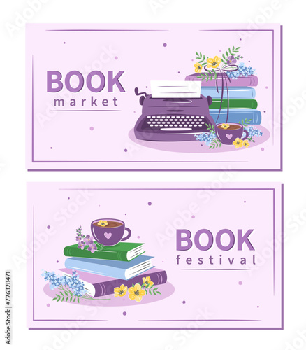 Book festival and market. Vintage typewriter, books, cup coffee or tea with with spring flowers. Vector illustration for banner, poster, advertisement
