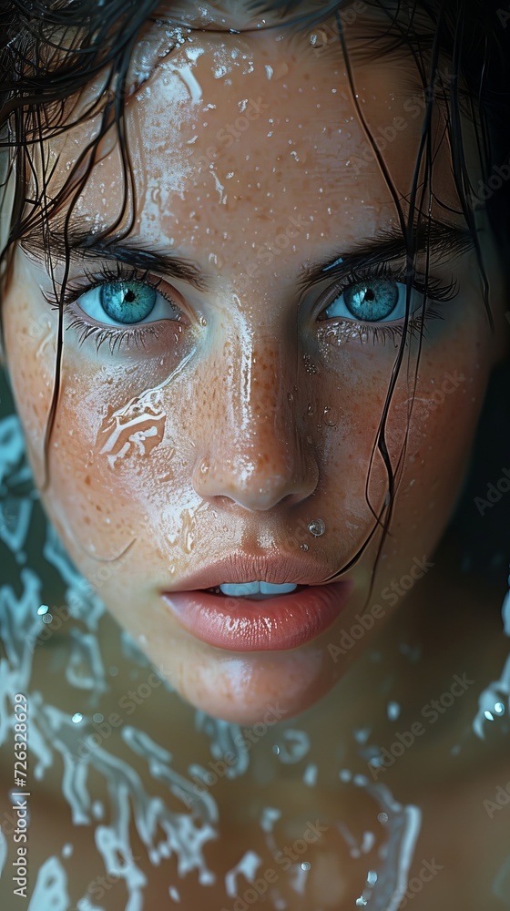 A woman's delicate features glisten with water droplets, emphasizing the curve of her eyelashes and the arch of her eyebrow, as she gazes soulfully into the camera