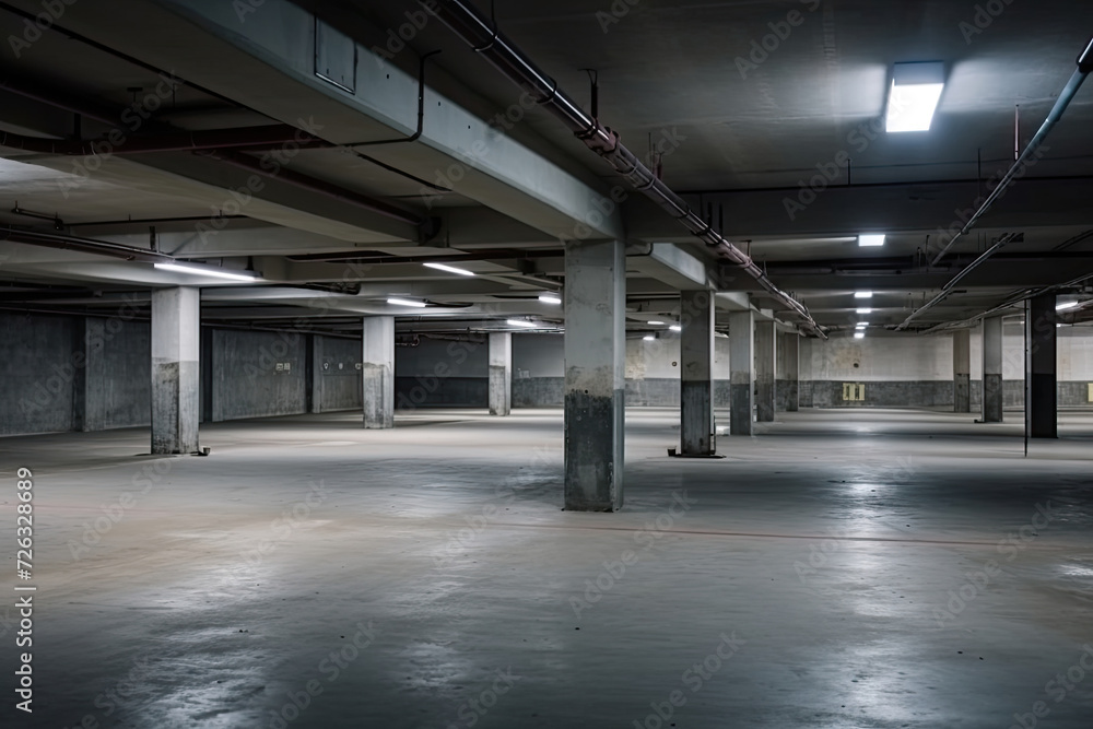 Silent Echoes: Surreal Encounter in Abandoned Void, desolate expanse of an empty parking garage, devoid of human presence, creating hauntingly beautiful atmosphere.