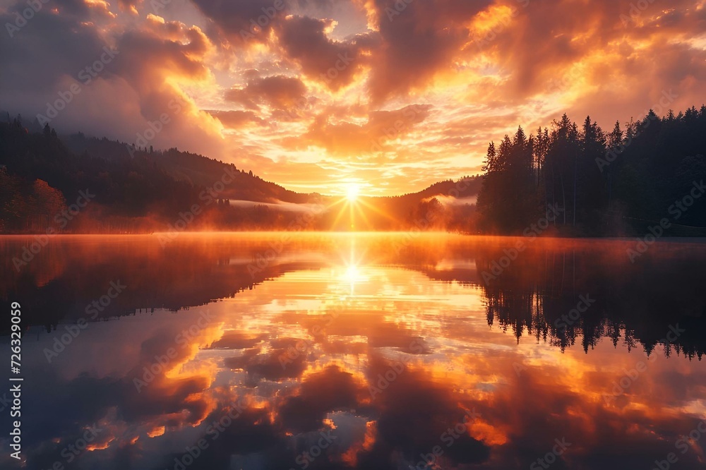 AI generated illustration of a beautiful sunset over a tranquil lake