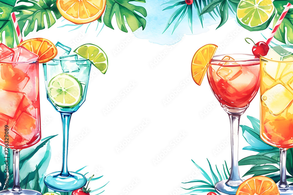 Cute cartoon cocktails with fruits frame border on background in ...