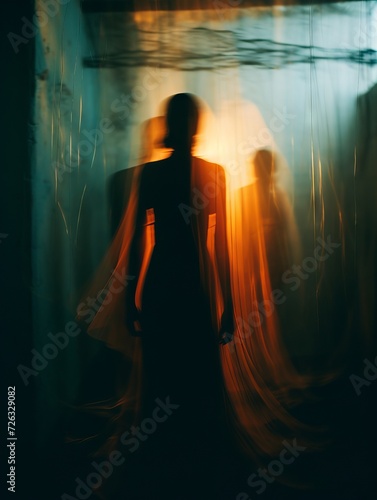 Unrecognizable women Behind a thin veil, there is a blurry silhouette of a woman dancing, teal and orange colors