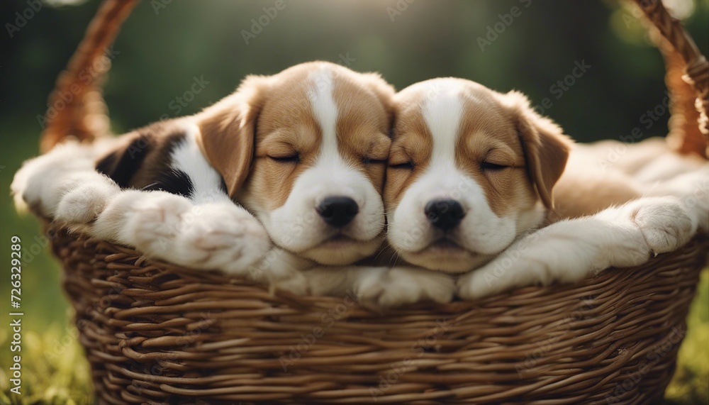 puppies sleeping in a basket, blurry background, warm lights.

