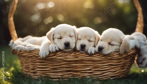 puppies sleeping in a basket, blurry background, warm lights. 