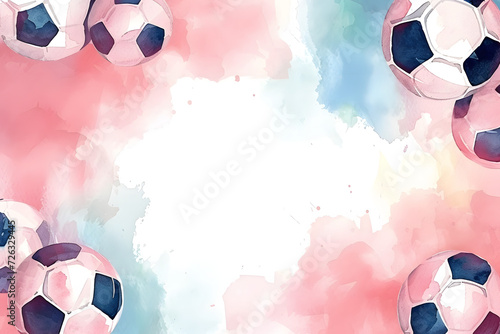 Cute cartoon football frame border on background in watercolor style. photo