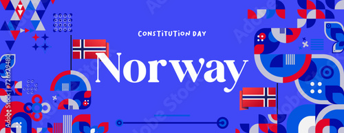 Norwegian Constitution Day banner in colorful modern geometric style. Happy Norway national independence day greeting card cover with typography. Vector illustration for celebrating national holidays