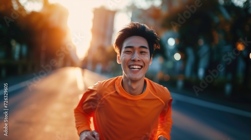 Young runner asian runner man with healthy toothy smile in bright orange sporty jacket running in the morning smiling at camera with toothy smile active and healthy lifestyle concept photo