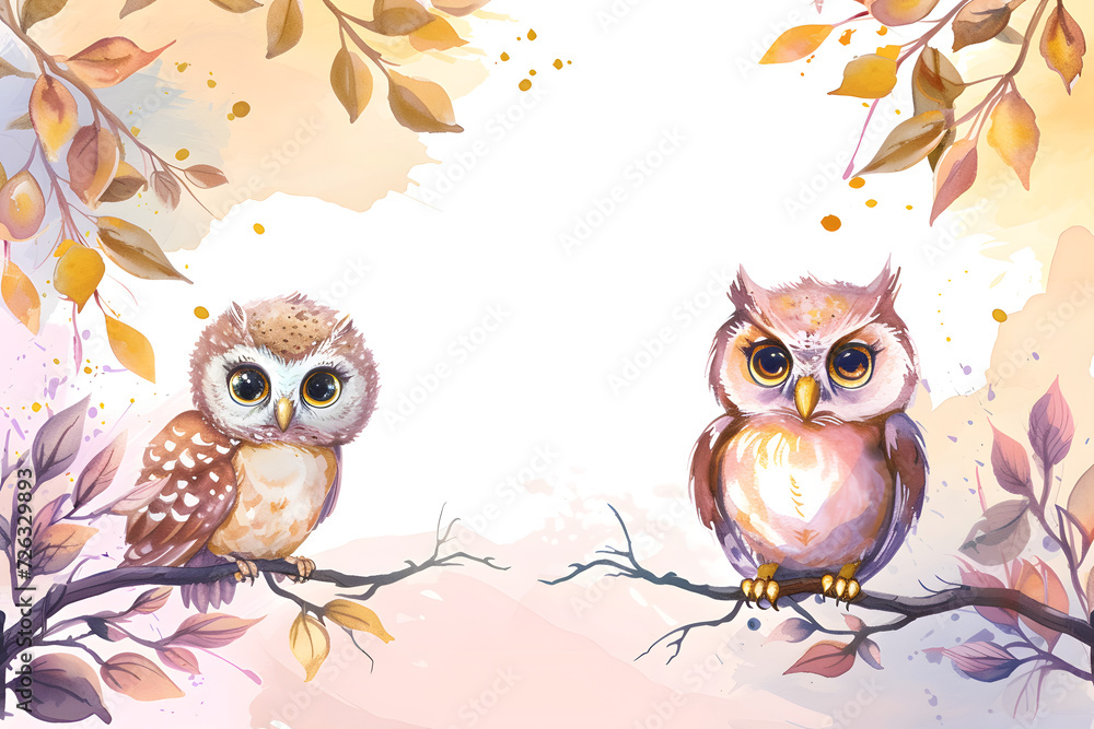 Cute cartoon owl frame border on background in watercolor style. Cute cartoon owl frame border on background in watercolor style.