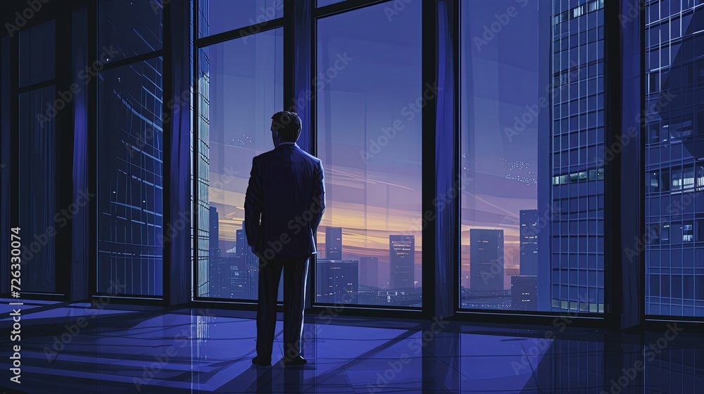 A silhouetted businessman stands at a large window, overlooking the cityscape as the sun sets, reflecting on the day's work. A silhouetted businessman stands at a large window, overlooking the cityscape as the sun sets, reflecting on the day's work.