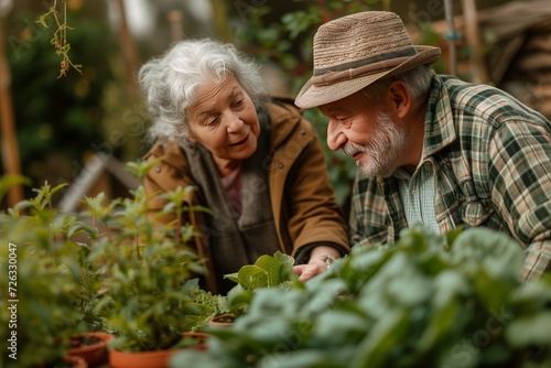 Elderly senior couple harvesting herbs in garden during summer 