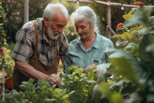 Elderly senior couple harvesting herbs in garden during summer  © uv_group