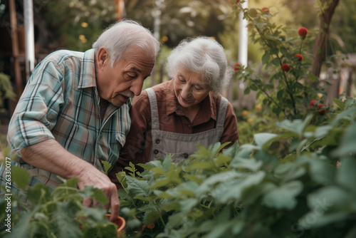 Elderly senior couple harvesting herbs in garden during summer 