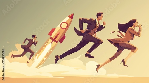 Illustration of a motivated business team in a race, chasing a soaring rocket, representing the pursuit of rapid growth and success.