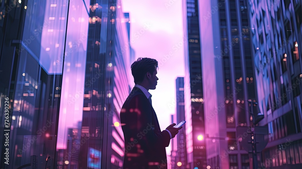 The silhouette of a sharp-dressed businessman holding a smartphone is captured against the backdrop of a city bathed in neon twilight. The silhouette of a sharp-dressed businessman holding a smartphone is captured against the backdrop of a city bathed in neon twilight.