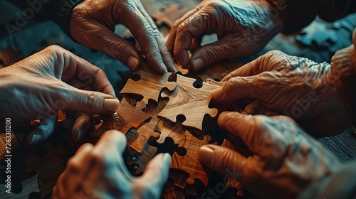 Diverse hands of various ages come together to connect pieces of a wooden puzzle, embodying unity and collective problem-solving.