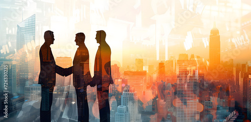 Silhouettes of a business partnership  portrayed with a double exposure style. Business people were forming a handshake silhouette against the backdrop of a city scene. 