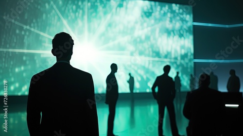 Silhouetted business executives stand before a large, illuminated data visualization display in a darkened room, analyzing trends and patterns.