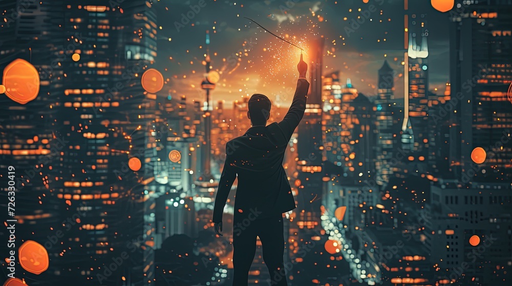 Fototapeta premium A silhouette of an inspired leader holding a sparkler, symbolizing innovative ideas against the energetic backdrop of a city's night skyline.