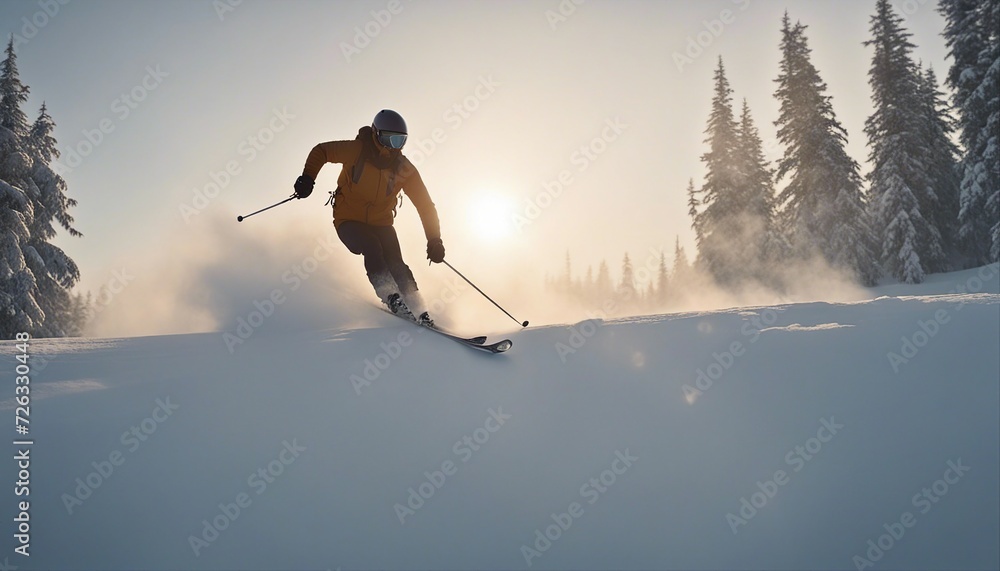 silhouette of a skier flying through the snow in dense fog, sun in the background
silhouette of a skier flying through the snow in dense fog, sun in the background