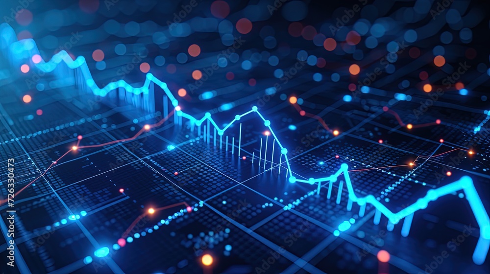 A dynamic and complex stock market chart displayed on a digital interface, with fluctuating data points and lines in a bokeh light effect background. A dynamic and complex stock market chart displayed on a digital interface, with fluctuating data points and lines in a bokeh light effect background.