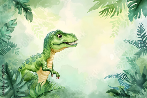 Fototapeta Naklejka Na Ścianę i Meble -  Cute cartoon dinosaur frame border on background in watercolor style.