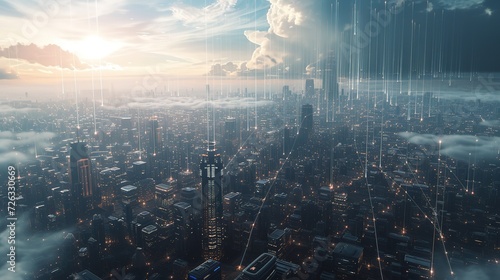 A stunning futuristic cityscape at dusk  illuminated by vertical data stream lights  symbolizing the flow of information in a hyper-connected urban environment.