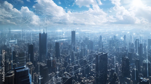 A visionary depiction of a smart city, with intricate network connectivity and data flowing above the urban skyline, showcasing the pulse of the digital ecosystem.