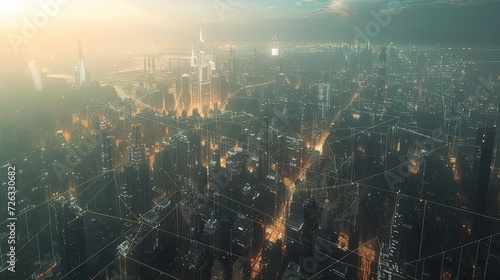 The sun sets over a sprawling smart city, its buildings interconnected with glowing lines of data, illustrating the networked pulse of a futuristic metropolis. photo