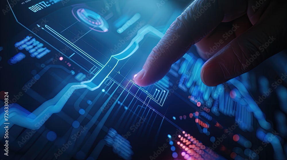 A person's finger interacting with a futuristic blue-toned holographic interface, symbolizing advanced technology and digital interaction. - obrazy, fototapety, plakaty 