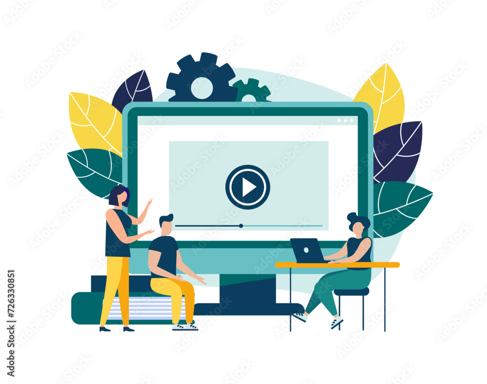Fototapeta premium Educational webinar. Digital audience, Online class. The concept of modern education with a personal teacher. Vector illustration for landing page template.