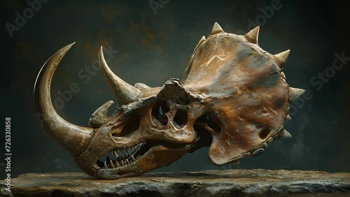 A triceratops skull with a severe abscess on its jaw suggesting a possible or injury that could have impacted its ability to eat. photo