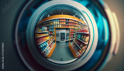 Close-up of a security camera's lens reflecting panorama of supermarket. Generative AI. photo