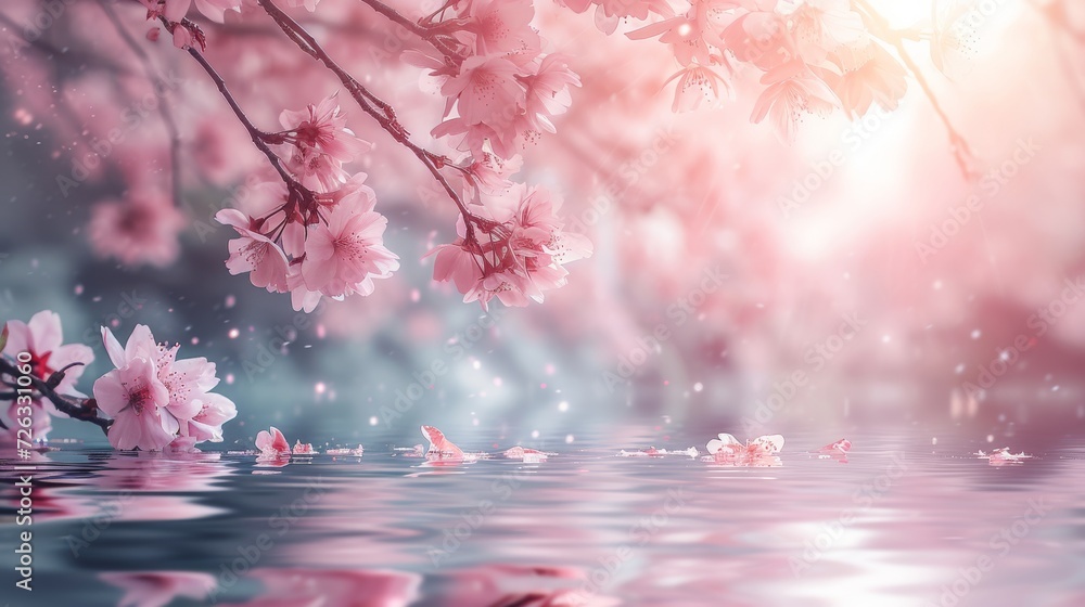 A spring cherry blossom scene, delicate pink sakura flowers, a tranquil pond reflecting the blossoms, serene and poetic atmosphere A spring cherry blossom scene, delicate pink sakura flowers, a tranquil pond reflecting the blossoms, serene and poetic atmosphere
