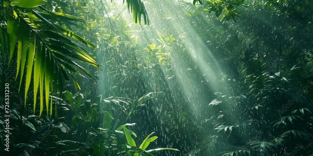 Sunbeams pierce the verdant canopy of a rainforest during a gentle shower, highlighting the rain-soaked foliage