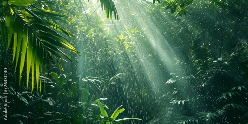 Sunbeams pierce the verdant canopy of a rainforest during a gentle shower  highlighting the rain-soaked foliage