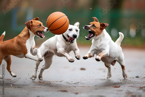 Funny dogs with teamwork plays basketball. photo