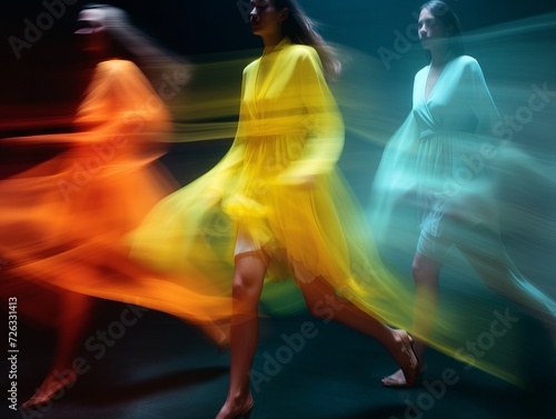 Blurry womans in a hurry. Busy wildlife concept, yellow, light green, light blue, rainbow colors ,very low schutter speed, black background