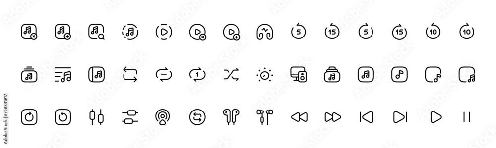 Audio Video Icon. Music and sound icon set. Music sign. Thin line icons set. Flat icon collection set. Simple vector icons. Audio Video Icon. Music and sound icon set. Music sign. Thin line icons set. Flat icon collection set. Simple vector icons.