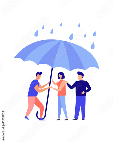 People support each other, the concept of teamwork. People protect themselves from the rain, under an umbrella. Vector illustration isolated background.