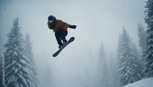 silhouette of snowboarder flying through snow in dense fog, sun in background