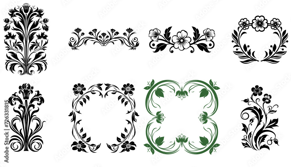 vector set of floral frames with flowers and leaves in black and white