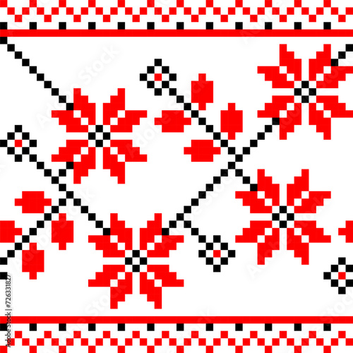 motif of ethnic Slavic embroidery in black and red cross stitch. Ukrainian vyshyvanka