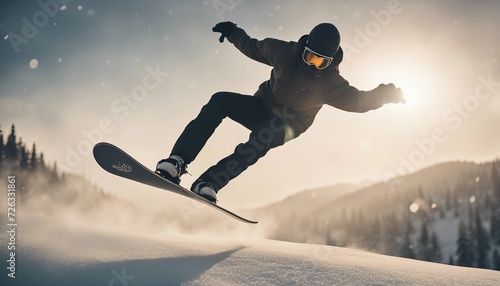silhouette of snowboarder doing acrobatic stunts in the air, warm tones, foggy weather, heavy snowfall