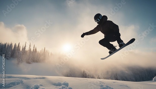 silhouette of snowboarder flying through snow in dense fog, sun in background 
