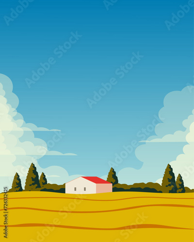 Ukrainian village, wheat field, house, vertical poster, banner, postcard